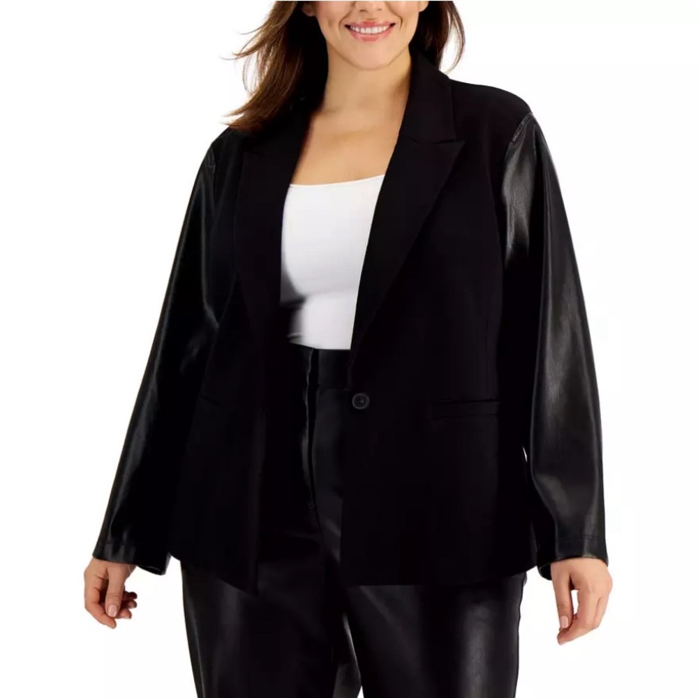 NWT Calvin Klein Blazer Leather Look Sleeve Jacket